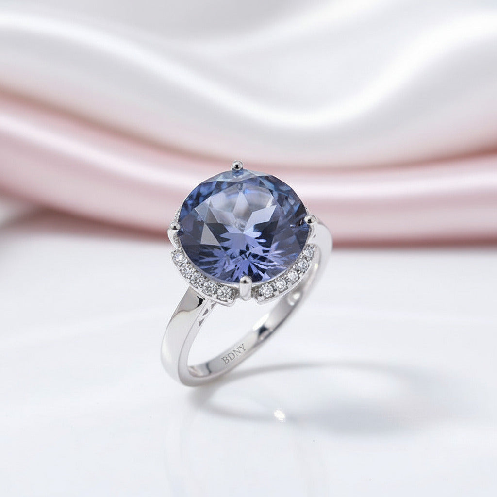 Blueish Mystic Quartz Gemstone Engagement Ring-Black Diamonds New York