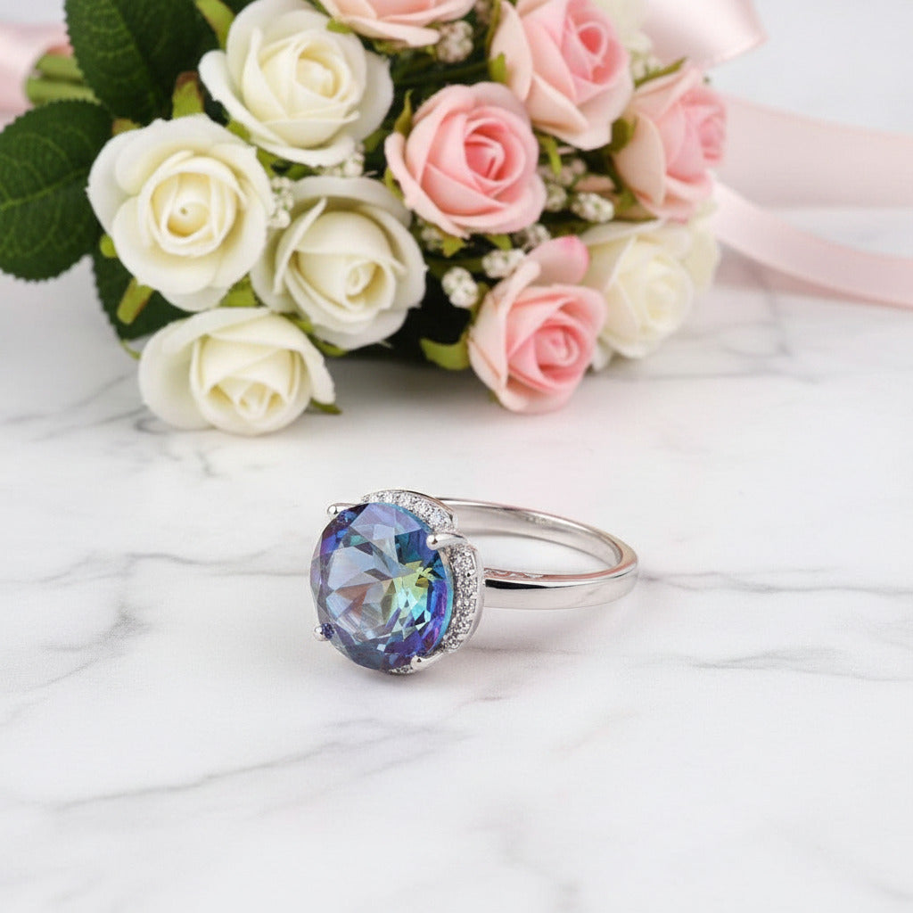 Blueish Mystic Quartz Gemstone Engagement Ring-Black Diamonds New York
