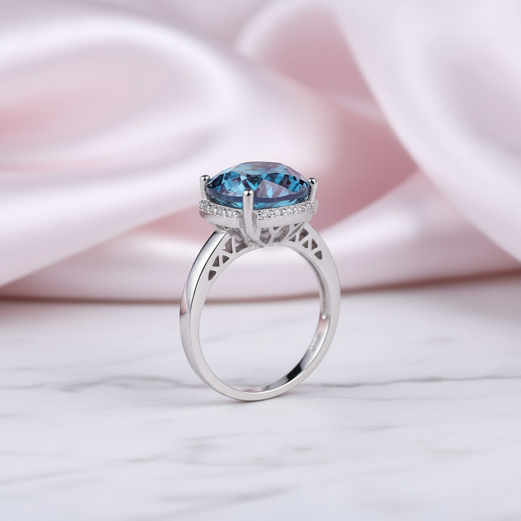 Blueish Mystic Quartz Gemstone Engagement Ring-Black Diamonds New York