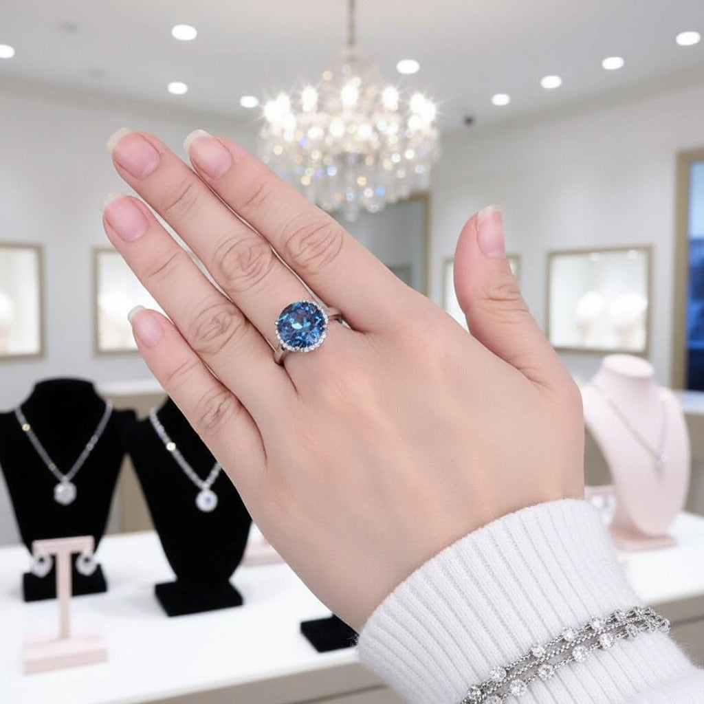 Blueish Mystic Quartz Gemstone Engagement Ring-Black Diamonds New York