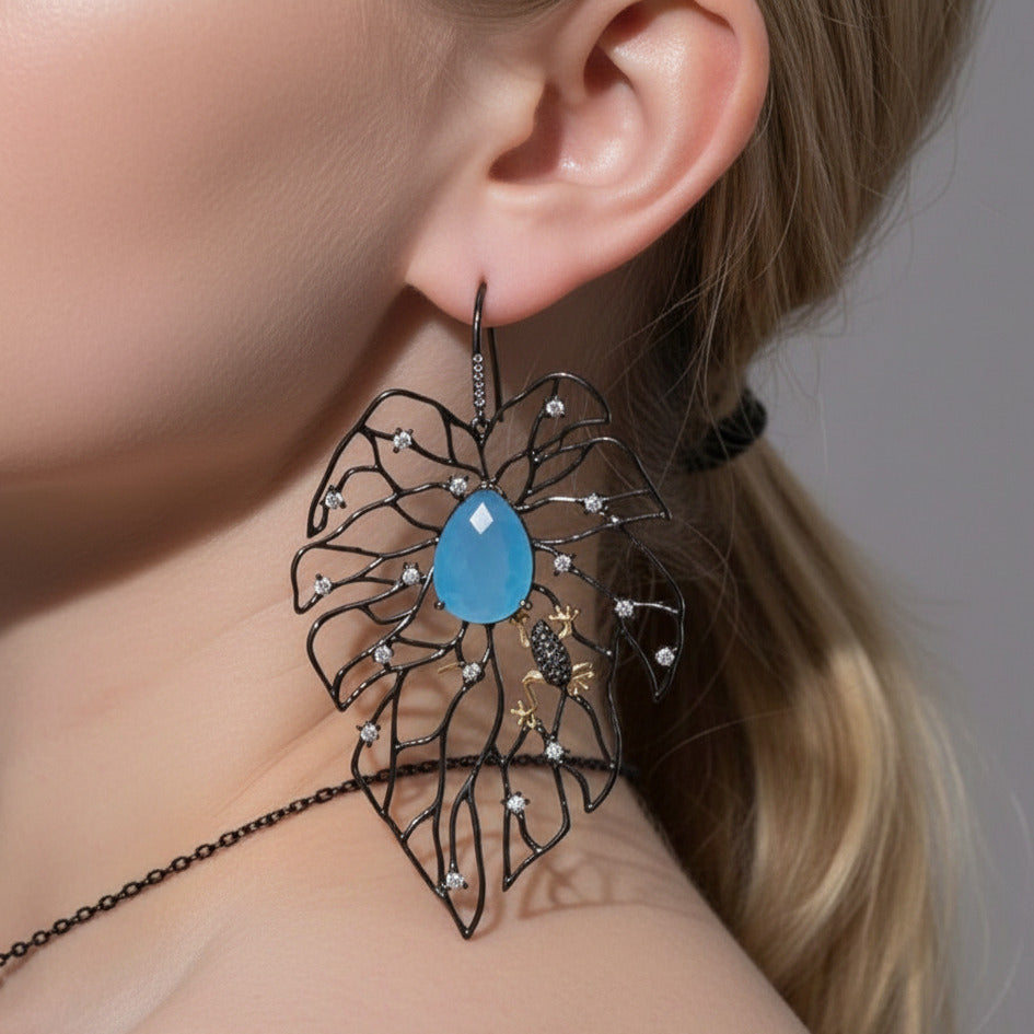 Calcedony/Agate Leaves Branch Pompous Earrings-Black Diamonds New York
