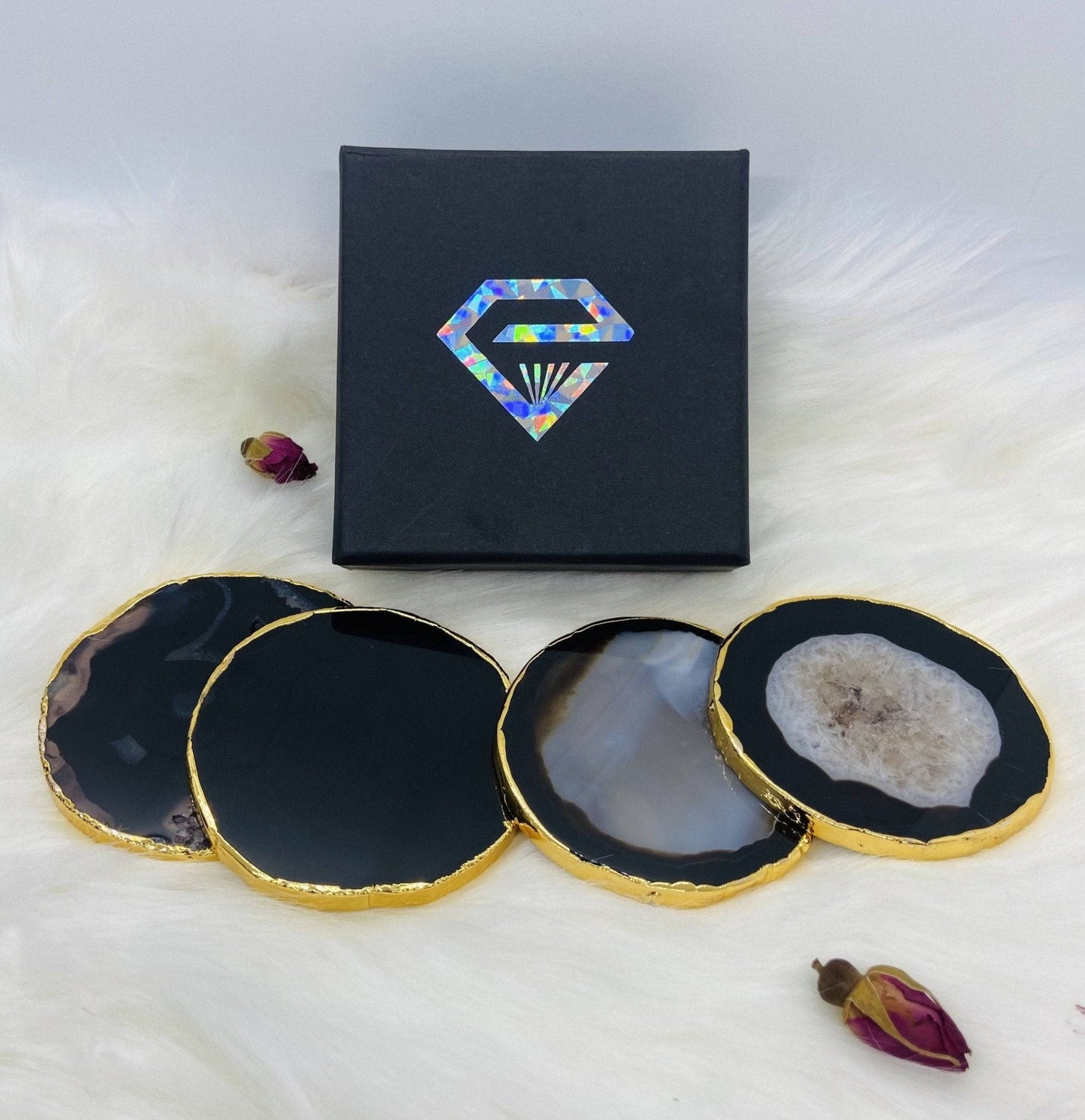 Natural Chalcedony Luxury Agate Round Coasters - Black Diamonds New York