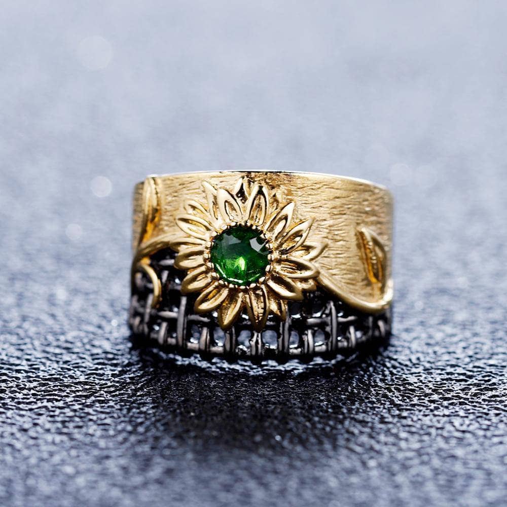 Natural Chrome Diopside Gemstones Handmade chrysanthemum Rings-Black Diamonds New York