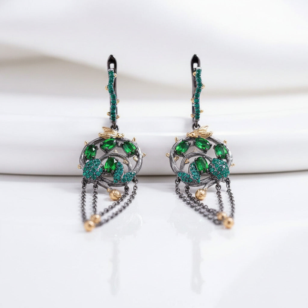 Chrome Diopside Gold Bee on Branch Earrings-Black Diamonds New York