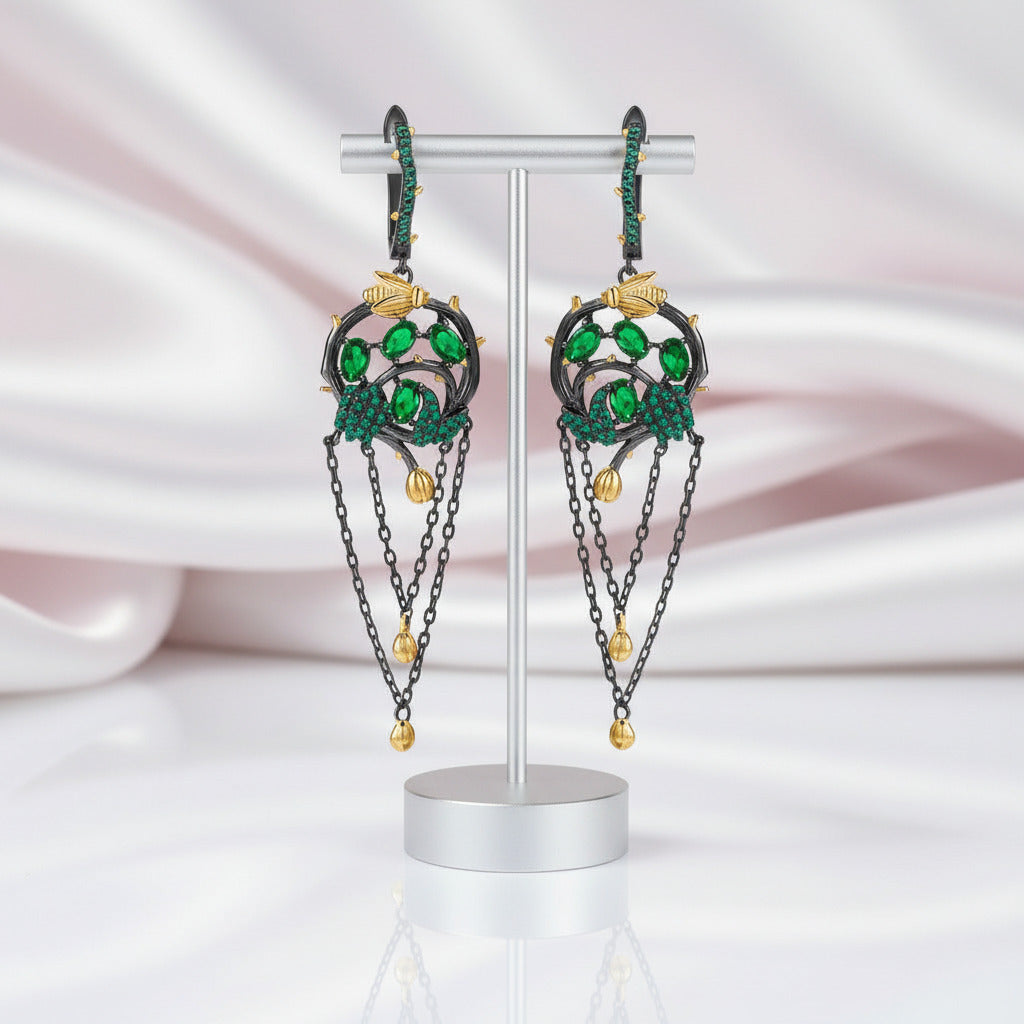 Chrome Diopside Gold Bee on Branch Earrings-Black Diamonds New York