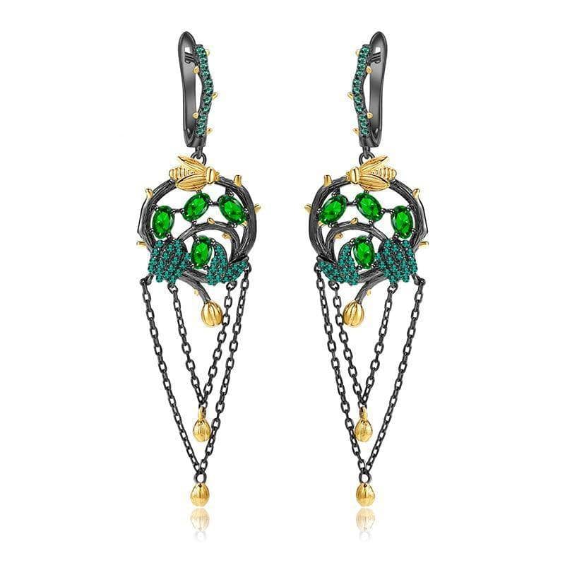 Natural Chrome Diopside Gold Bee on Branch Earrings-Black Diamonds New York