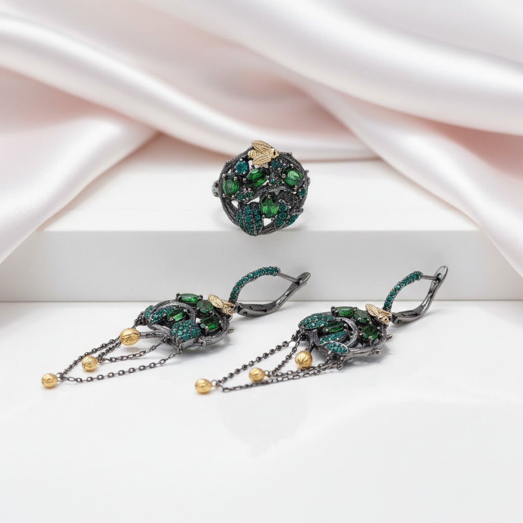 Chrome Diopside Gold Bee on Branch Earrings-Black Diamonds New York