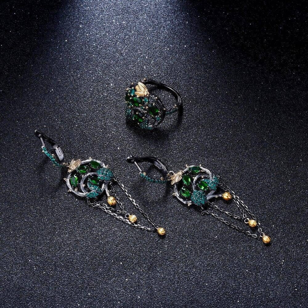Natural Chrome Diopside Gold Bee on Branch Earrings