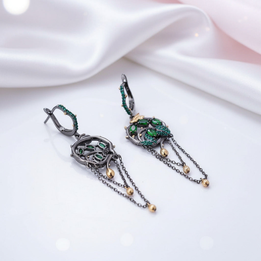 Chrome Diopside Gold Bee on Branch Earrings-Black Diamonds New York