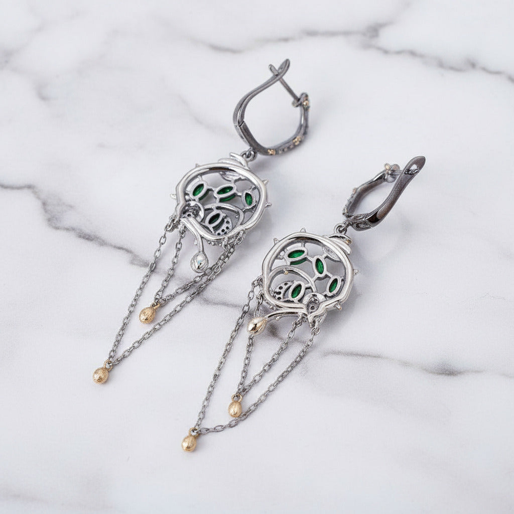 Chrome Diopside Gold Bee on Branch Earrings-Black Diamonds New York