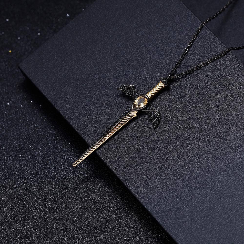 Natural Citrine Bat's Wings Sword Vintage Necklace-Black Diamonds New York
