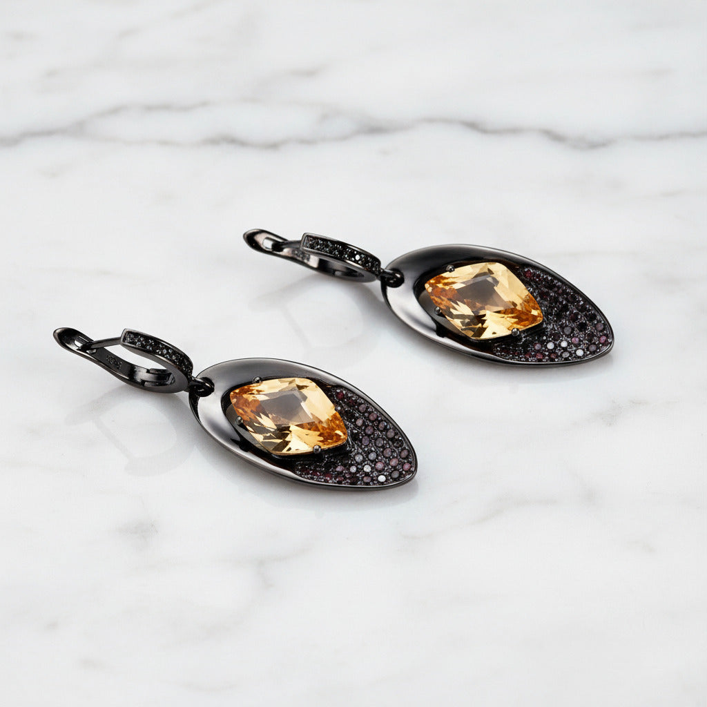 Citrine Gemstone Gothic Drop Earrings-Black Diamonds New York