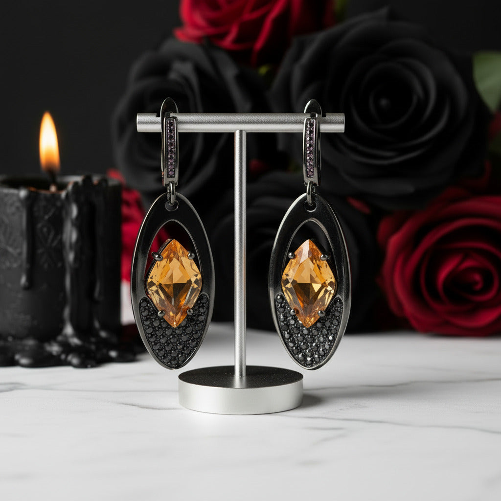 Citrine Gemstone Gothic Drop Earrings-Black Diamonds New York