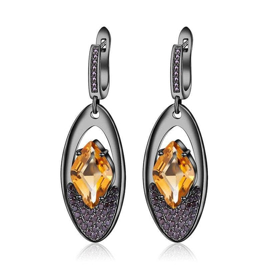 Natural Citrine Gemstone Gothic Drop Earrings-Black Diamonds New York