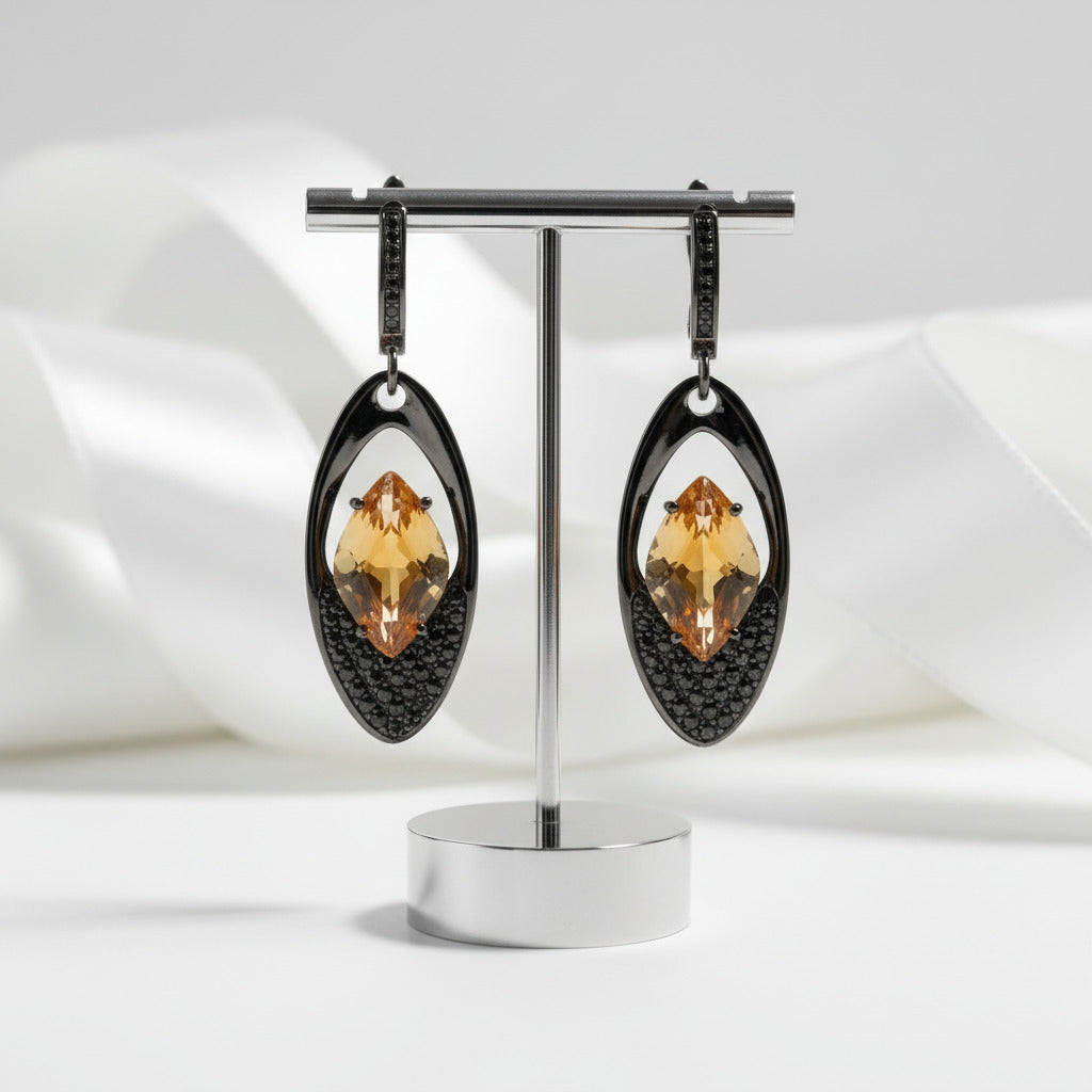 Citrine Gemstone Gothic Drop Earrings-Black Diamonds New York