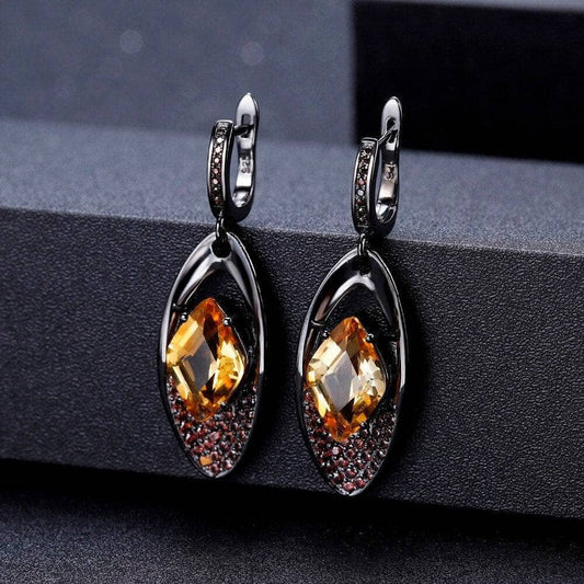 Natural Citrine Gemstone Gothic Drop Earrings-Black Diamonds New York
