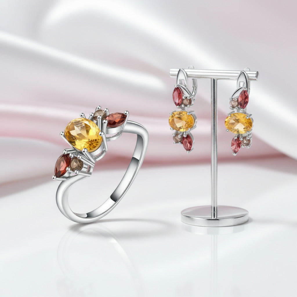 Citrine, Smoky Quartz & Garnet Jewelry Set-Black Diamonds New York