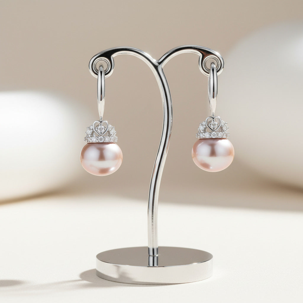 Fresh Water Heart Crown Pearl Hook Drop Earrings-Black Diamonds New York