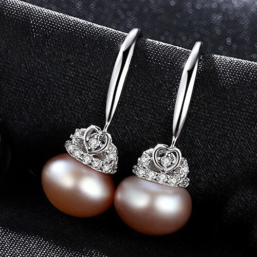 Natural Fresh Water Heart Crown Pearl Hook Drop Earrings-Black Diamonds New York
