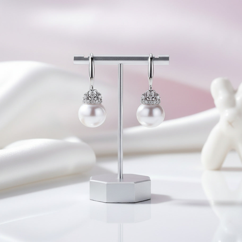 Fresh Water Heart Crown Pearl Hook Drop Earrings-Black Diamonds New York