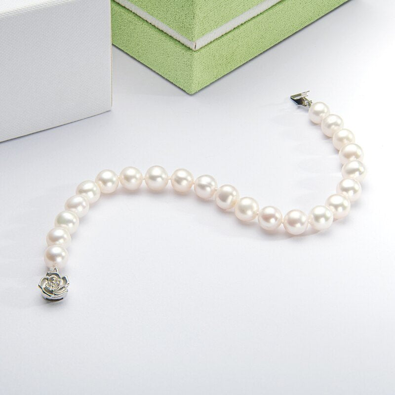 Natural Freshwater Pearl Flower Charm Bracelet-Black Diamonds New York
