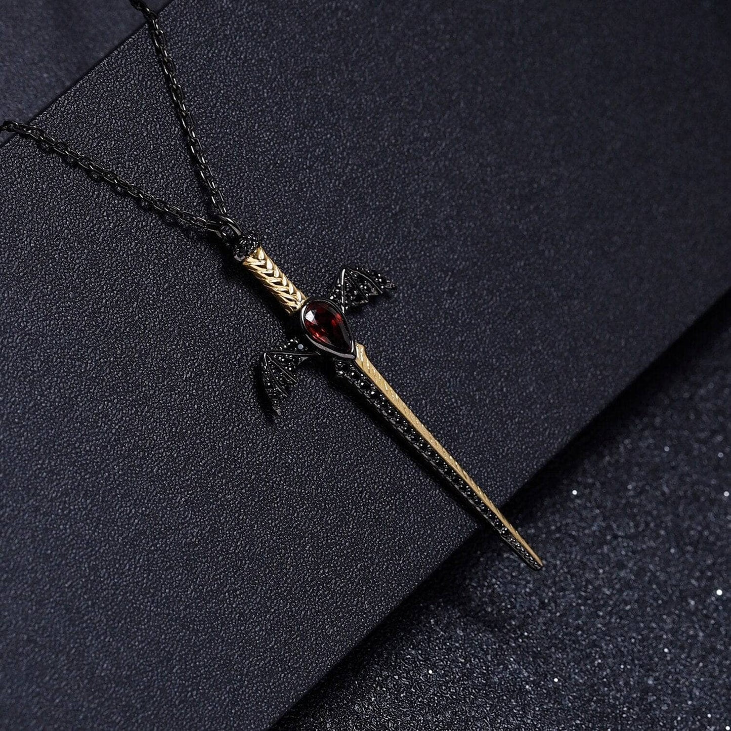 Natural Garnet Bat's Wings Sword Vintage Necklace-Black Diamonds New York