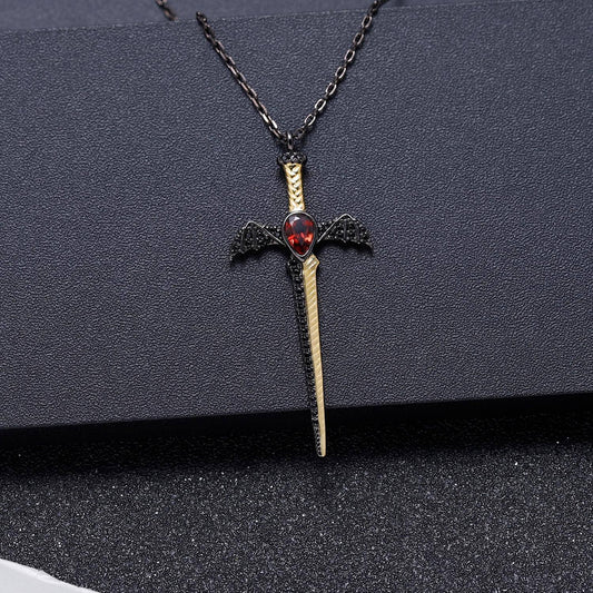 Natural Garnet Bat's Wings Sword Vintage Necklace-Black Diamonds New York