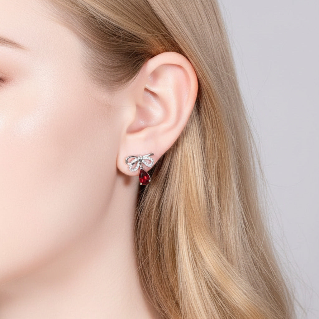 Garnet Bow Water Drop Shaped Retro Stud Earrings-Black Diamonds New York