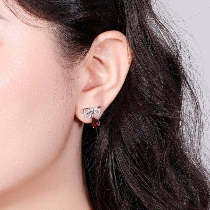 Natural Garnet Bow Water Drop Shaped Retro Stud Earrings-Black Diamonds New York