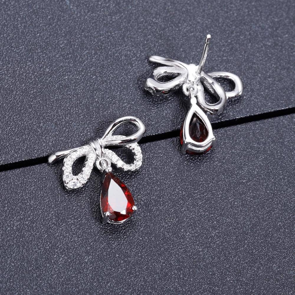 Natural Garnet Bow Water Drop Shaped Retro Stud Earrings-Black Diamonds New York