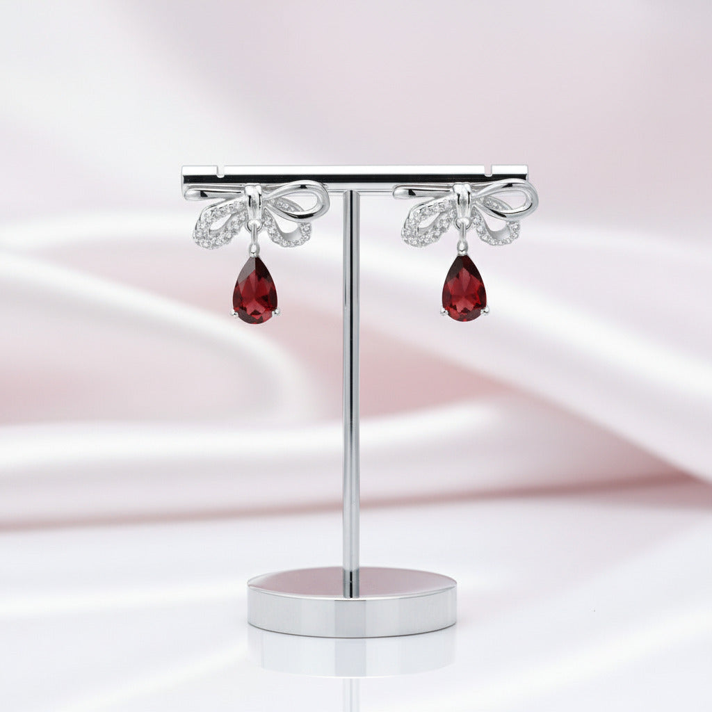 Garnet Bow Water Drop Shaped Retro Stud Earrings-Black Diamonds New York