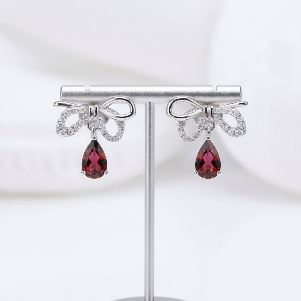 Garnet Bow Water Drop Shaped Retro Stud Earrings-Black Diamonds New York