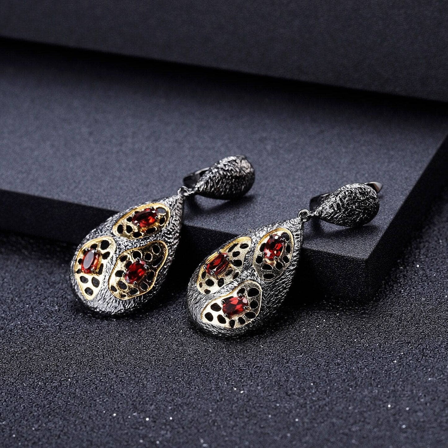 Natural Garnet Handmade Drop Earrings-Black Diamonds New York