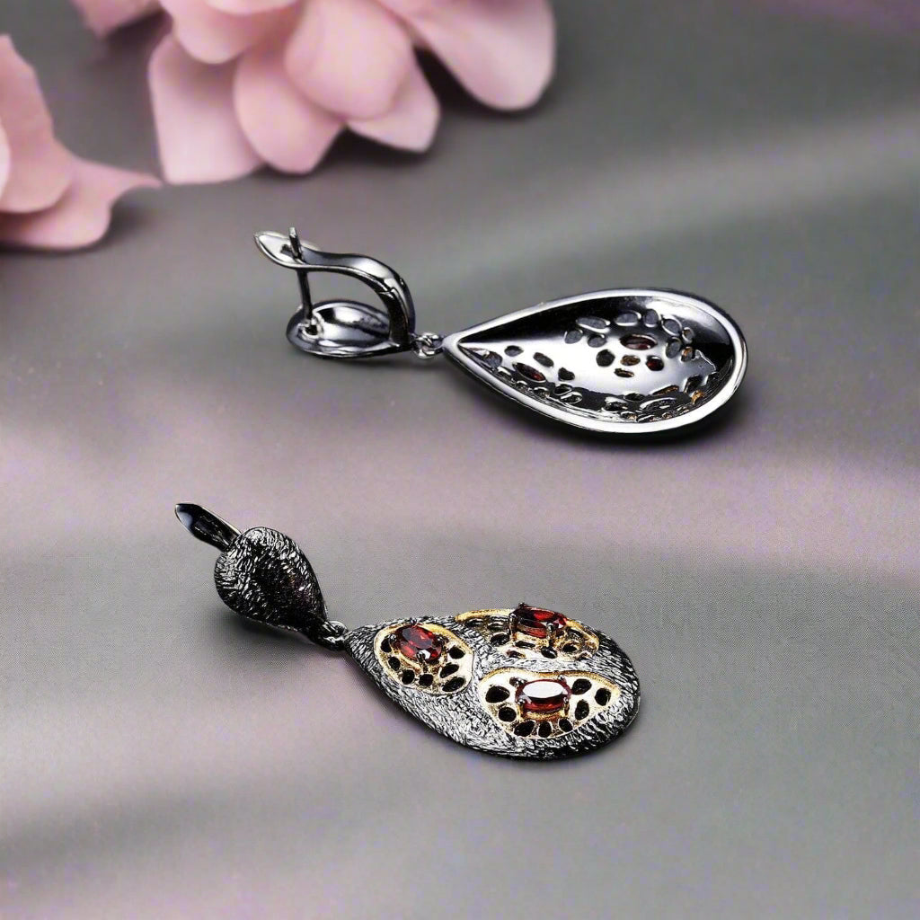 Natural Garnet Handmade Drop Earrings-Black Diamonds New York