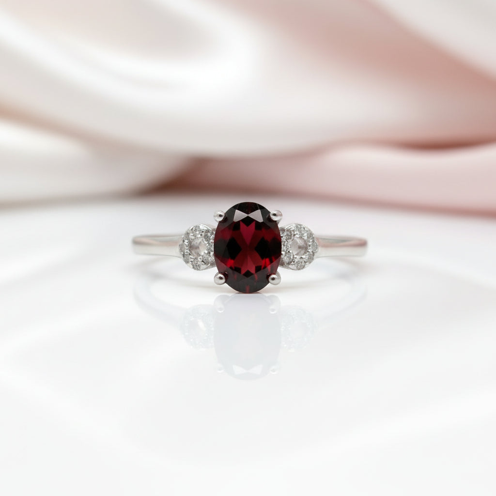 Exquisite Garnet Simulant Oval Shape Red Gemstone Ring-Black Diamonds New York