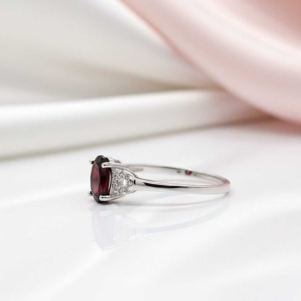 Exquisite Garnet Simulant Oval Shape Red Gemstone Ring-Black Diamonds New York