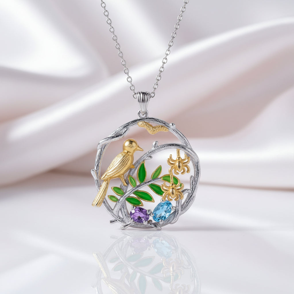 Bird on a Branch Necklace with Mixed Gemstone-Black Diamonds New York