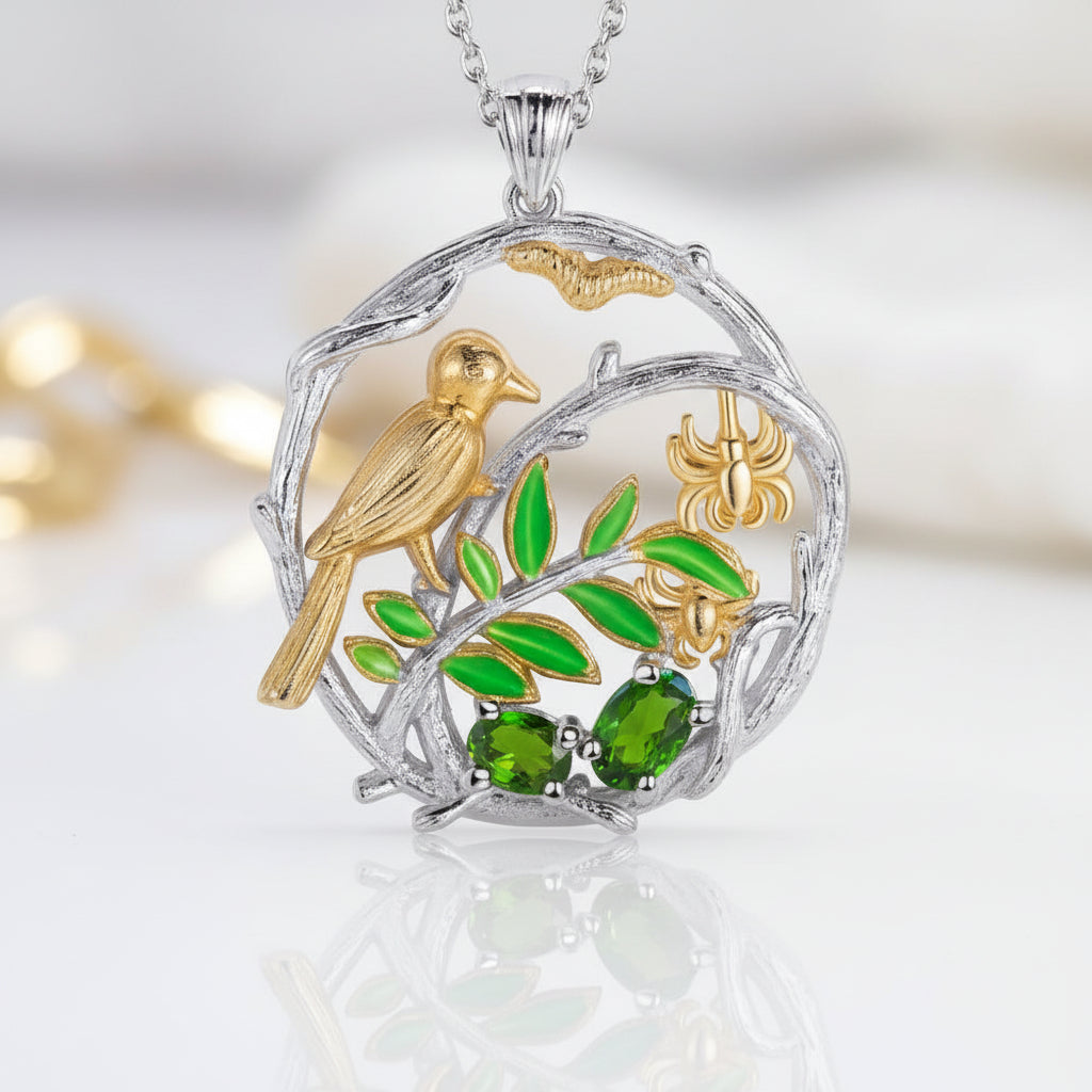 Bird on a Branch Necklace with Mixed Gemstone-Black Diamonds New York