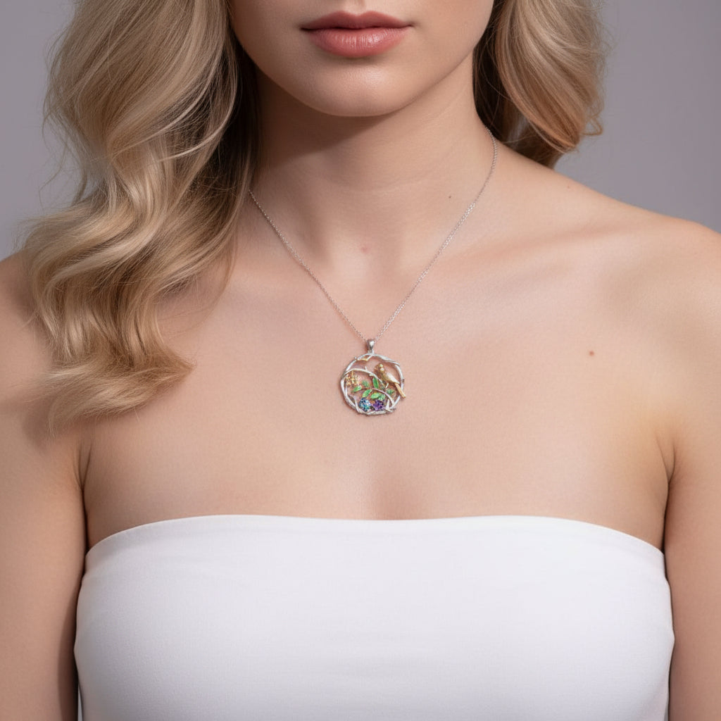 Bird on a Branch Necklace with Mixed Gemstone-Black Diamonds New York