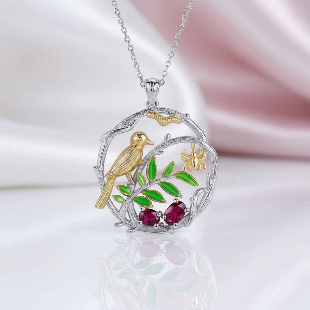 Bird on a Branch Necklace with Mixed Gemstone-Black Diamonds New York