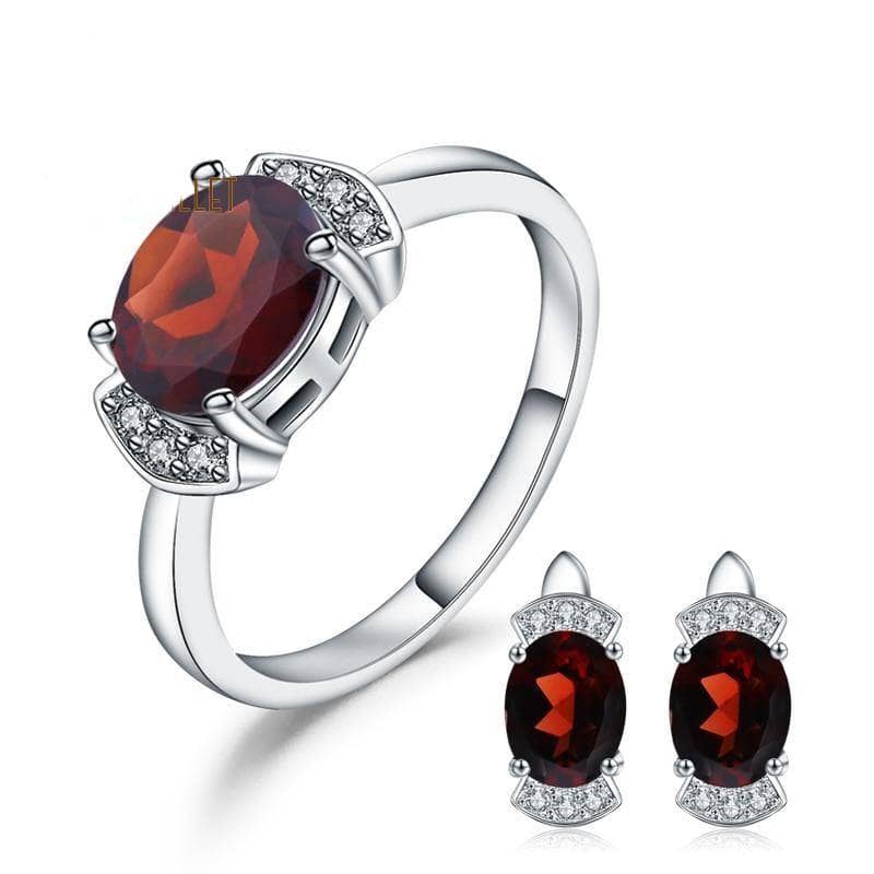 Natural Gemstone Red Garnet Ring Earrings Jewelry Set-Black Diamonds New York