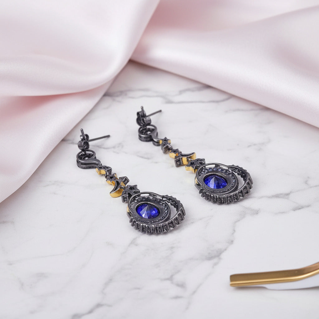 Gemstone Statement Moon and Stars Drop Earrings-Black Diamonds New York