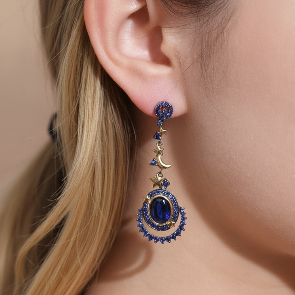 Gemstone Statement Moon and Stars Drop Earrings-Black Diamonds New York