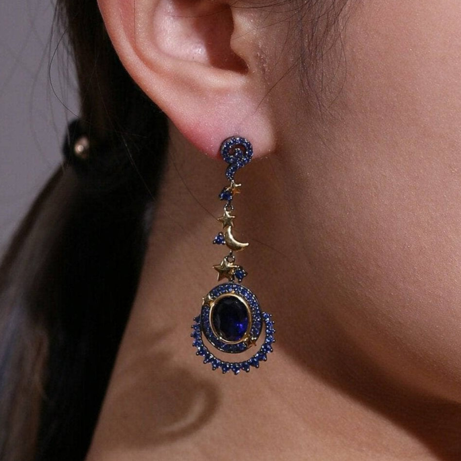 Natural Gemstone Statement Moon and Stars Drop Earrings-Black Diamonds New York