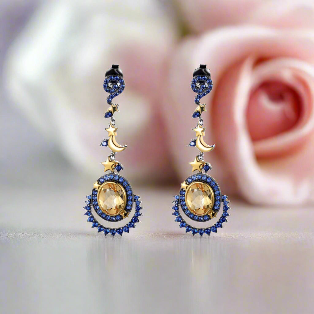 Natural Gemstone Statement Moon and Stars Drop Earrings-Black Diamonds New York