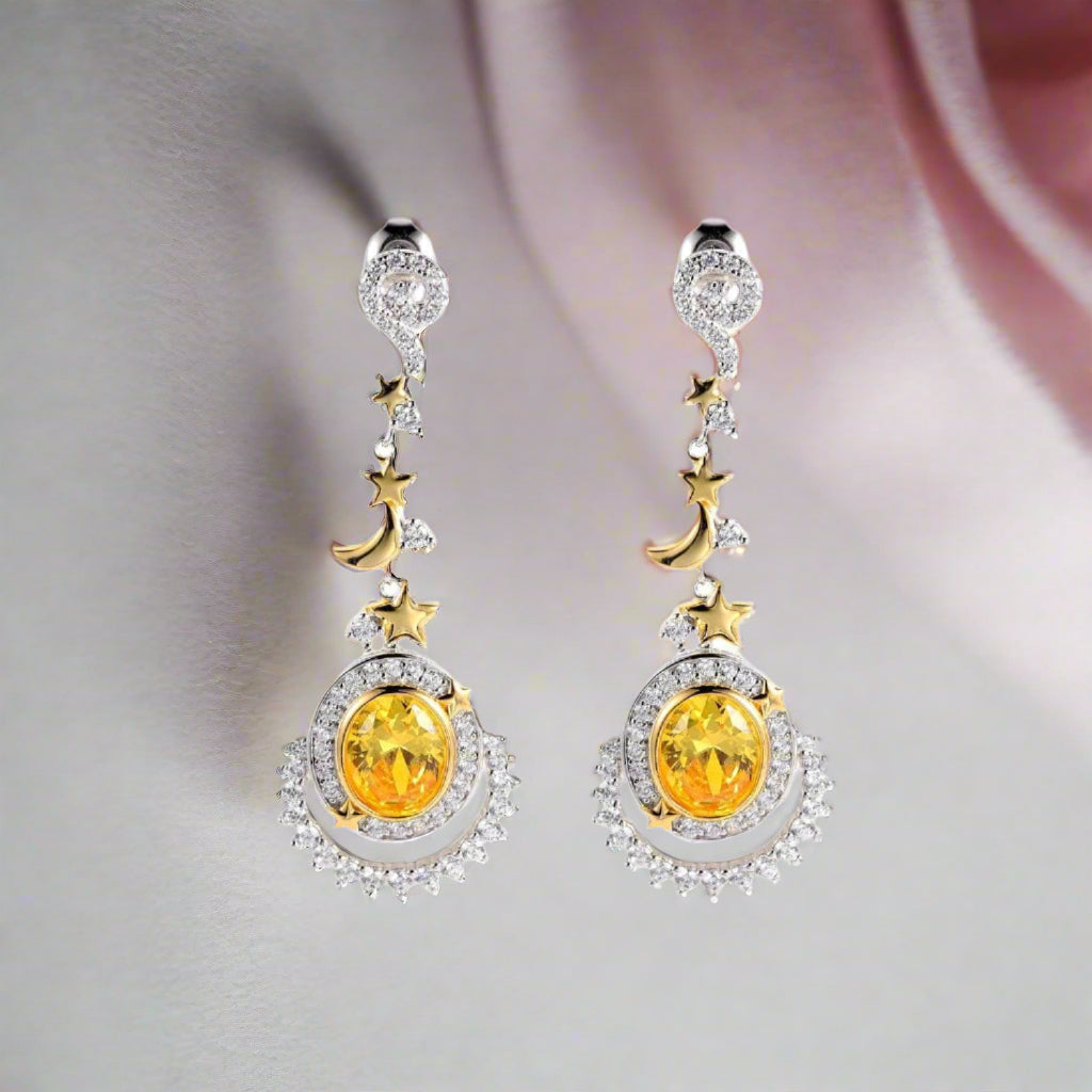 Natural Gemstone Statement Moon and Stars Drop Earrings-Black Diamonds New York