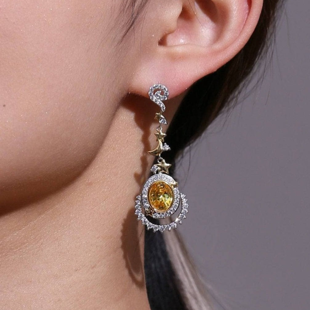Natural Gemstone Statement Moon and Stars Drop Earrings-Black Diamonds New York