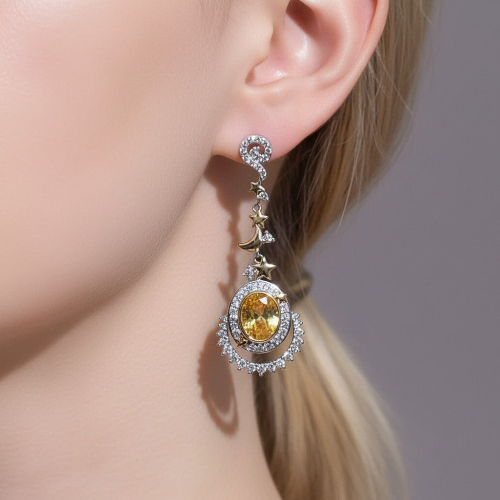 Gemstone Statement Moon and Stars Drop Earrings-Black Diamonds New York
