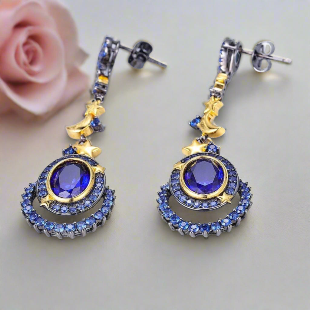 Natural Gemstone Statement Moon and Stars Drop Earrings-Black Diamonds New York