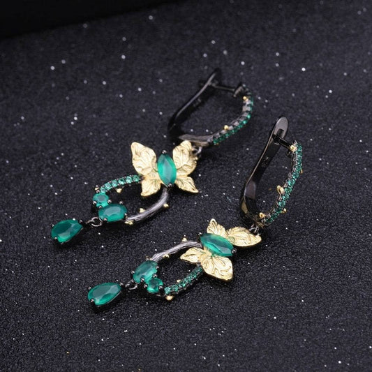 Natural Green Agate Gemstone Bird on Branch Drop Earrings - Black Diamonds New York